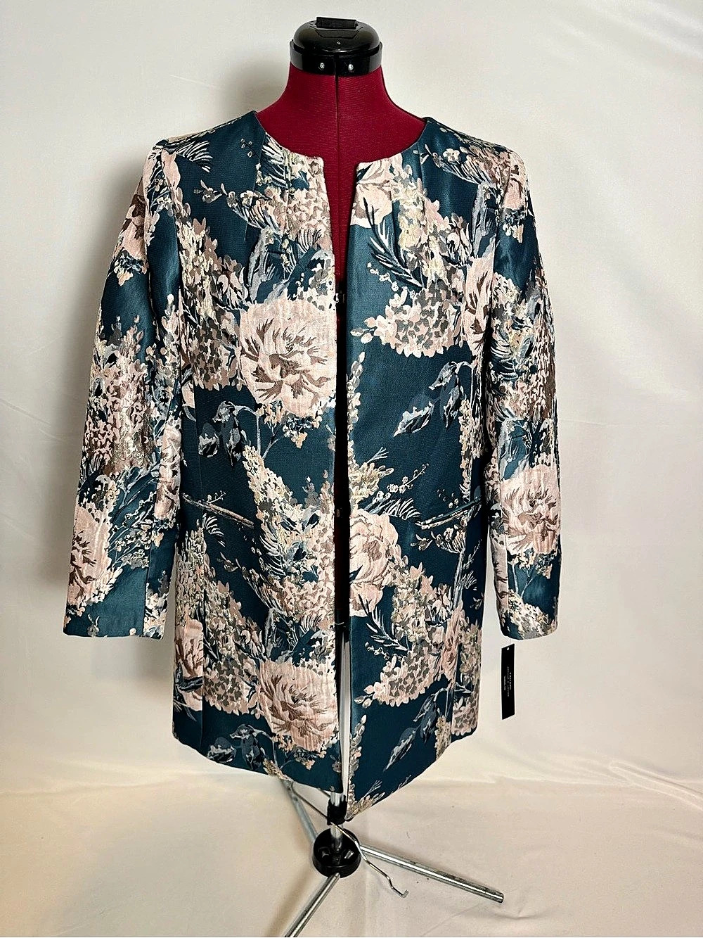 NWT Tahari ASL Topper/Jacket Women's Size 14 Teal & Pink Floral Metallic